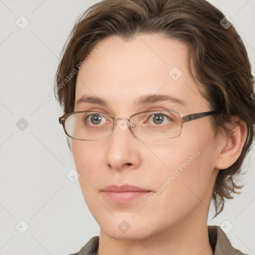 Neutral white young-adult female with medium  brown hair and brown eyes