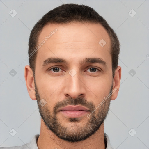 Neutral white young-adult male with short  brown hair and brown eyes