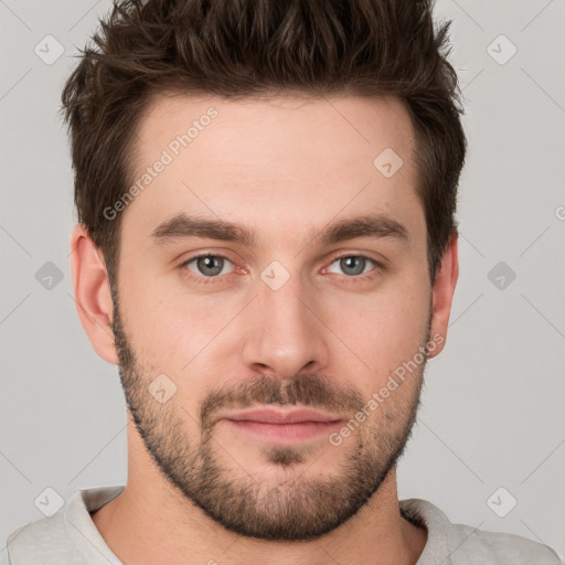 Neutral white young-adult male with short  brown hair and grey eyes