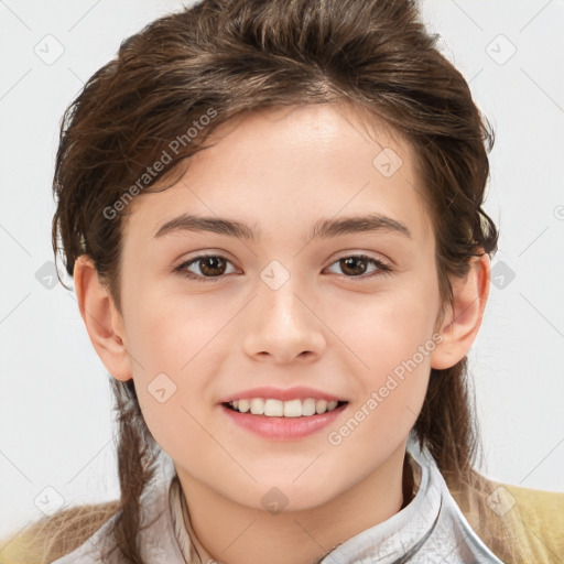 Joyful white child female with medium  brown hair and brown eyes