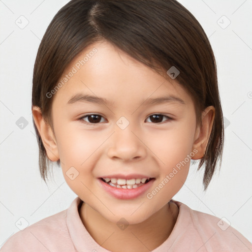 Joyful white child female with medium  brown hair and brown eyes