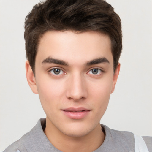 Neutral white young-adult male with short  brown hair and brown eyes