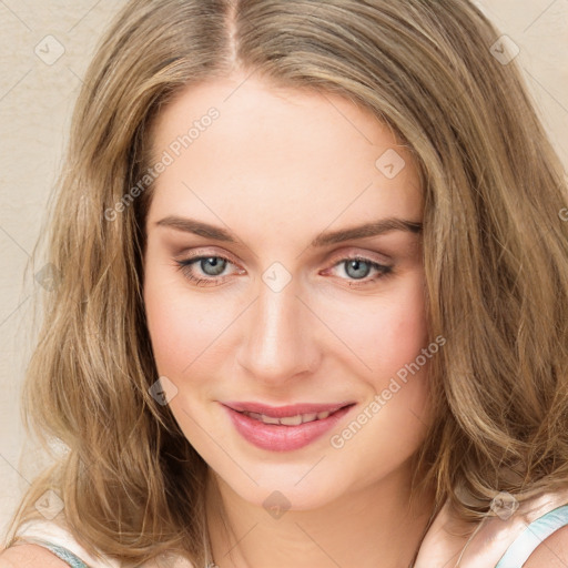 Joyful white young-adult female with medium  brown hair and green eyes