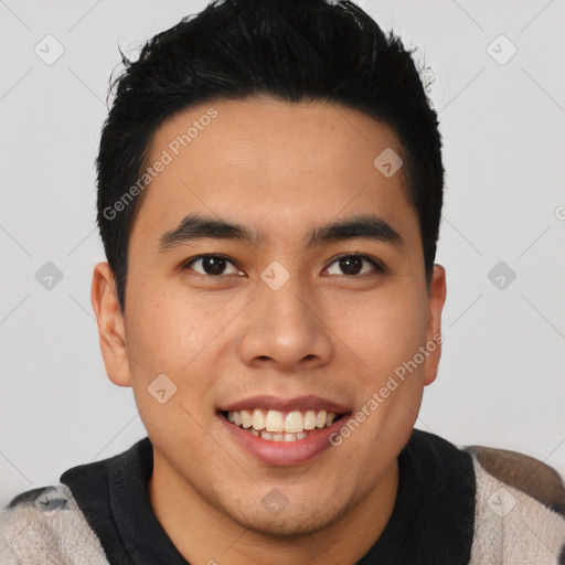 Joyful latino young-adult male with short  brown hair and brown eyes