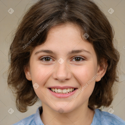 Joyful white child female with medium  brown hair and brown eyes