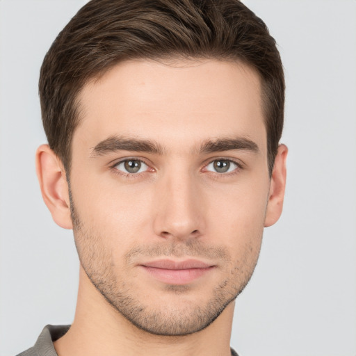 Neutral white young-adult male with short  brown hair and brown eyes