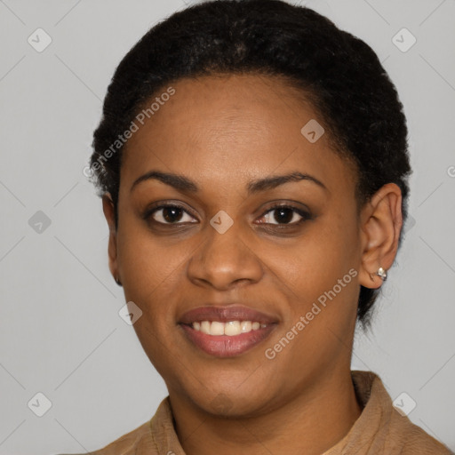 Joyful latino young-adult female with short  black hair and brown eyes