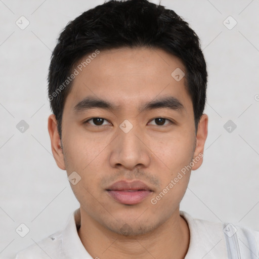 Neutral asian young-adult male with short  black hair and brown eyes