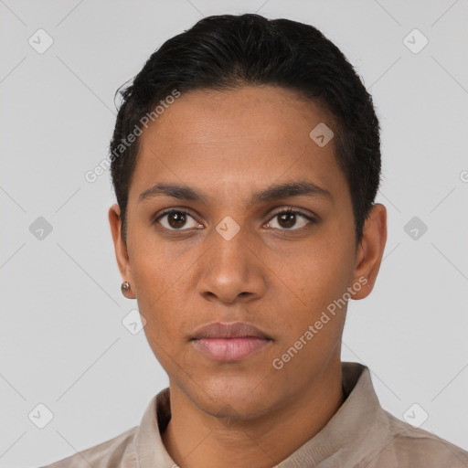 Neutral latino young-adult male with short  black hair and brown eyes