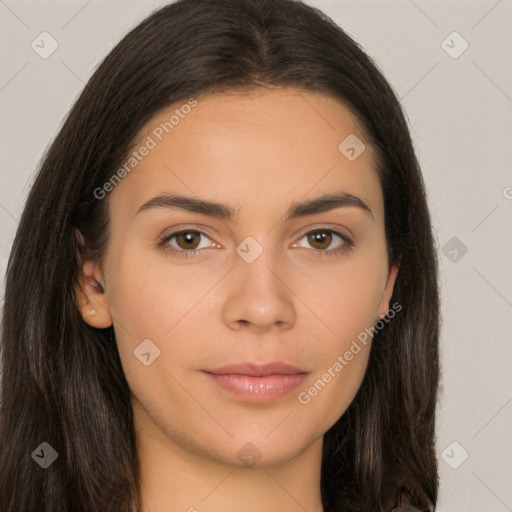 Neutral white young-adult female with long  brown hair and brown eyes