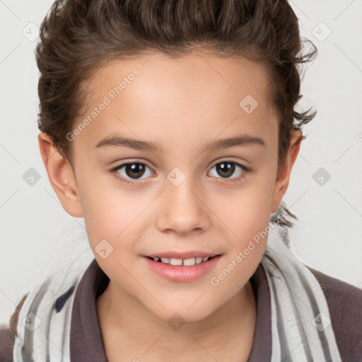 Joyful white child female with short  brown hair and brown eyes