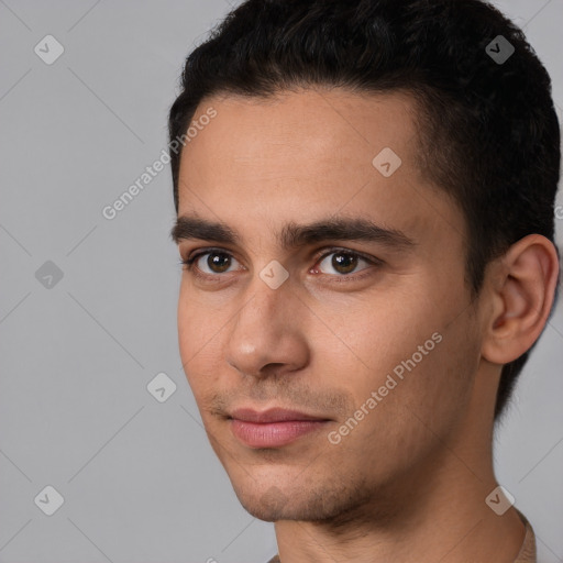 Neutral white young-adult male with short  black hair and brown eyes