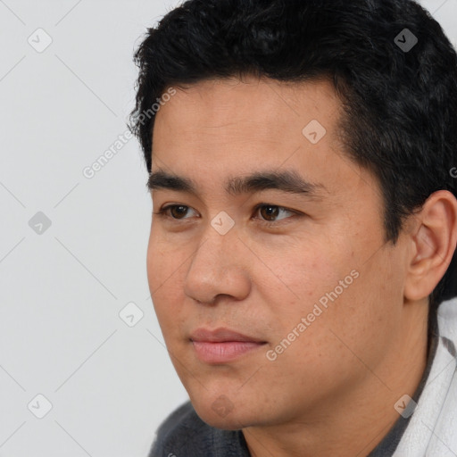 Neutral asian young-adult male with short  black hair and brown eyes