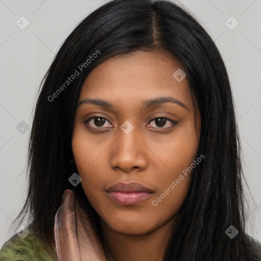 Neutral asian young-adult female with long  black hair and brown eyes