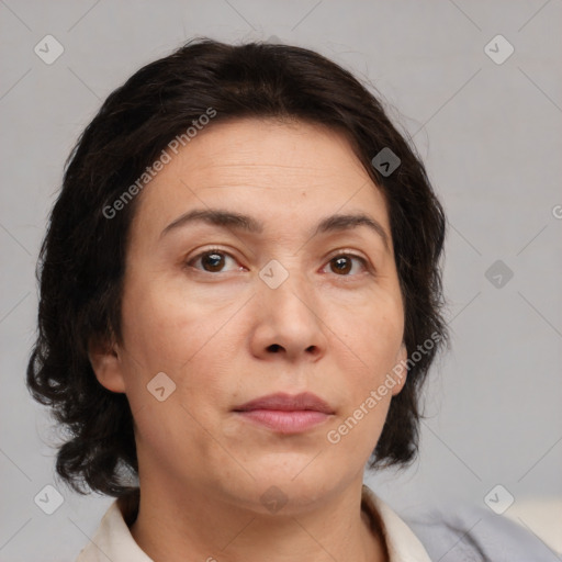 Neutral white adult female with medium  brown hair and brown eyes