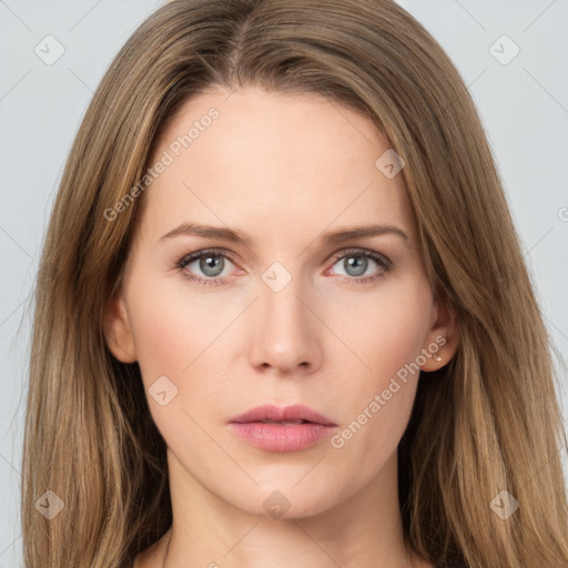 Neutral white young-adult female with long  brown hair and grey eyes