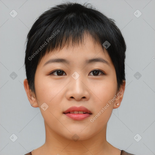 Neutral asian young-adult female with short  brown hair and brown eyes