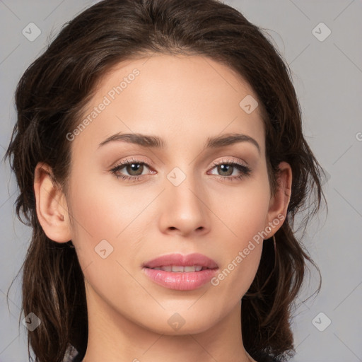 Neutral white young-adult female with medium  brown hair and brown eyes