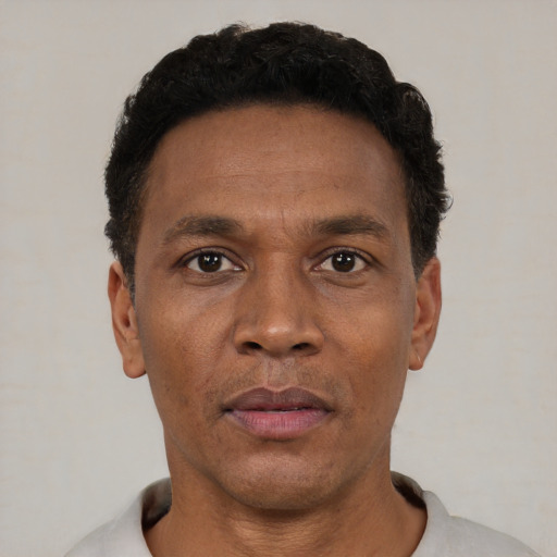 Neutral black adult male with short  black hair and brown eyes
