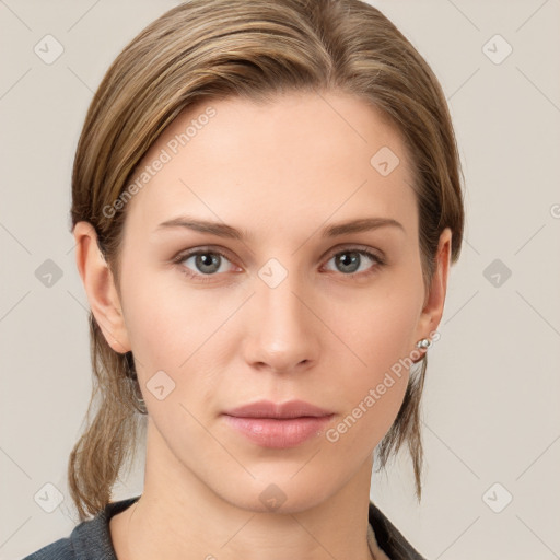 Neutral white young-adult female with medium  brown hair and grey eyes