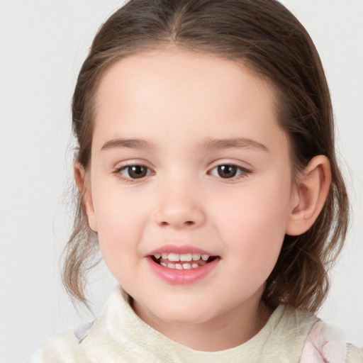 Joyful white child female with medium  brown hair and brown eyes