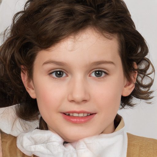 Joyful white child female with medium  brown hair and brown eyes