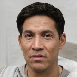 Joyful white adult male with short  black hair and brown eyes