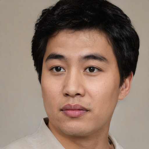 Neutral asian young-adult male with short  black hair and brown eyes