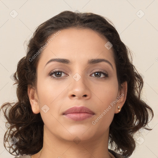 Neutral white young-adult female with medium  brown hair and brown eyes