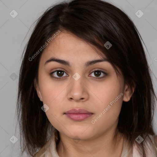 Neutral white young-adult female with medium  brown hair and brown eyes