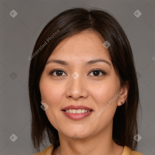 Joyful white young-adult female with medium  brown hair and brown eyes