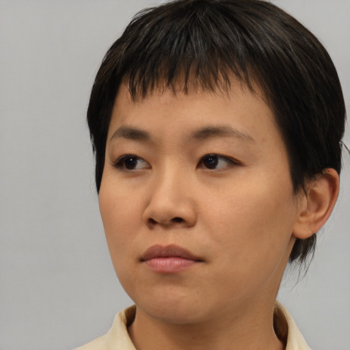Neutral asian young-adult female with medium  brown hair and brown eyes