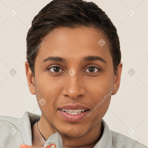 Joyful black young-adult female with short  brown hair and brown eyes