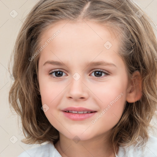 Joyful white child female with medium  brown hair and brown eyes