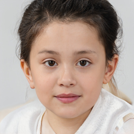 Joyful white child female with medium  brown hair and brown eyes