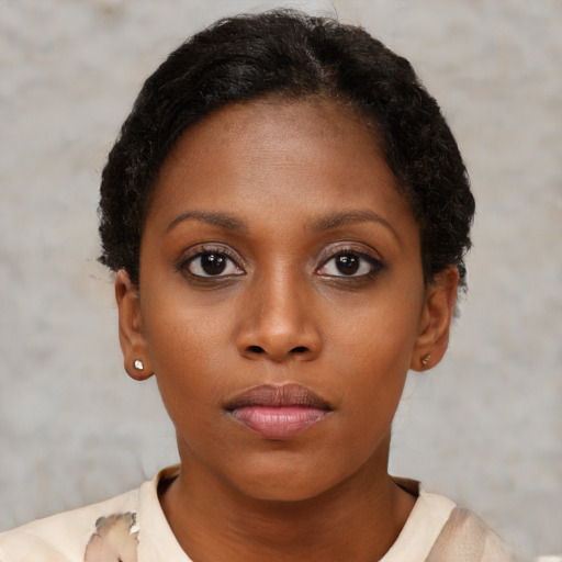 Neutral black young-adult female with short  brown hair and brown eyes