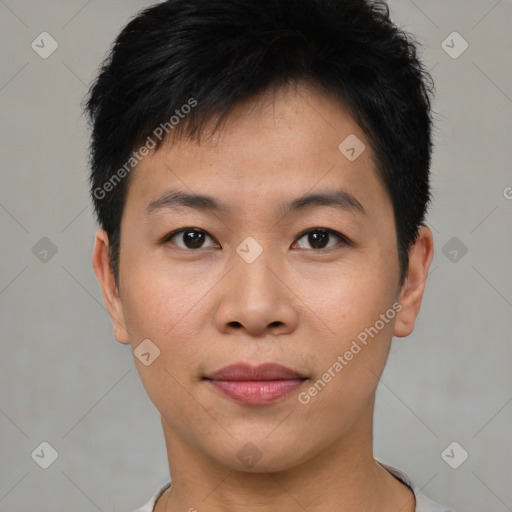 Joyful asian young-adult male with short  black hair and brown eyes