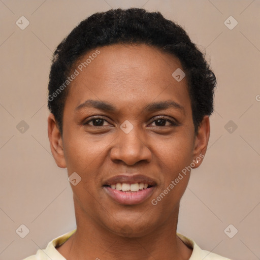 Joyful black young-adult female with short  black hair and brown eyes