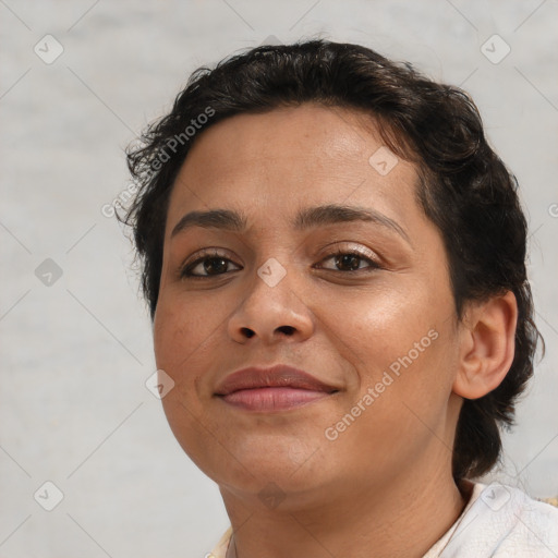 Joyful white young-adult female with short  brown hair and brown eyes