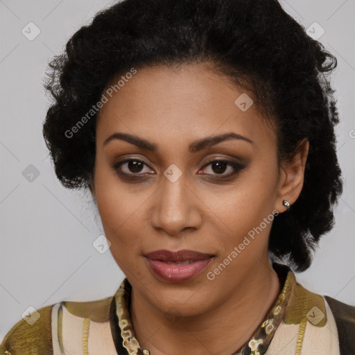 Joyful black young-adult female with medium  brown hair and brown eyes