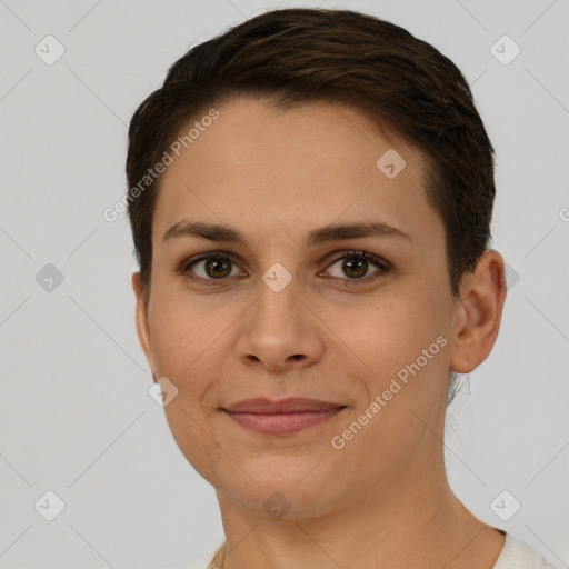 Joyful white young-adult female with short  brown hair and brown eyes