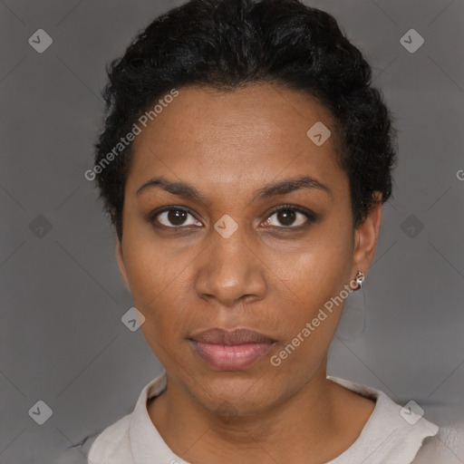 Neutral black young-adult female with short  black hair and brown eyes