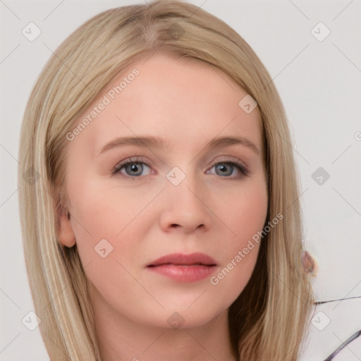 Neutral white young-adult female with long  brown hair and grey eyes