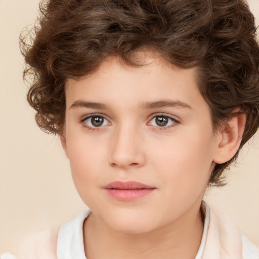 Joyful white child female with short  brown hair and brown eyes