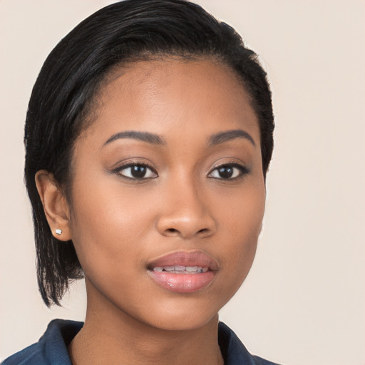 Joyful latino young-adult female with medium  black hair and brown eyes