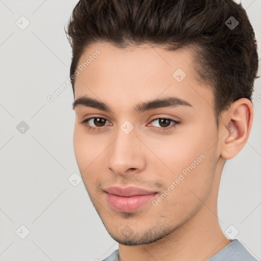 Neutral white young-adult male with short  brown hair and brown eyes