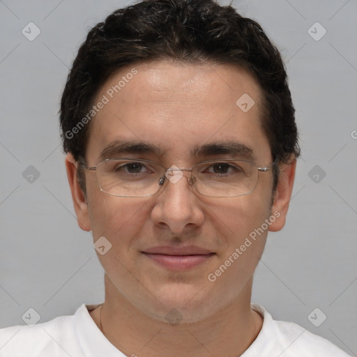 Joyful white adult male with short  brown hair and brown eyes