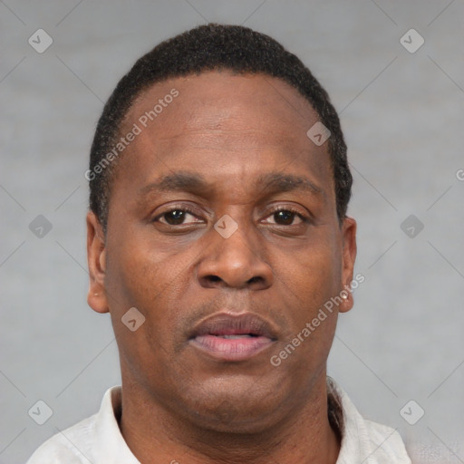 Neutral black adult male with short  black hair and brown eyes