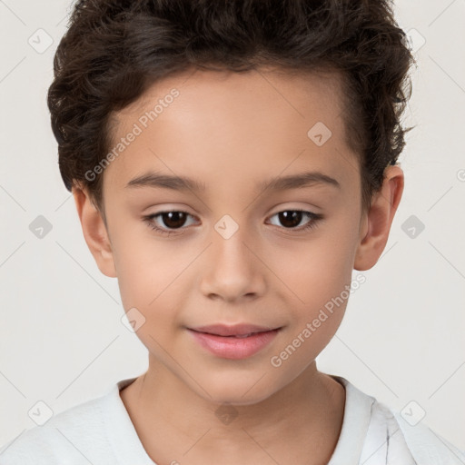 Joyful white child female with short  brown hair and brown eyes