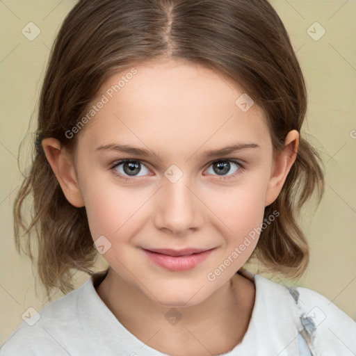 Joyful white child female with medium  brown hair and brown eyes